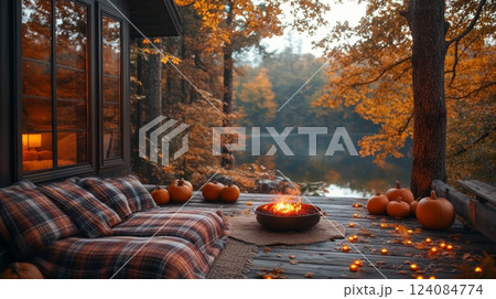 A serene lakeside deck features a plaid sofa adorned with orange pumpkins and a crackling fire, set against a backdrop of colorful autumn trees at twilight. 124084774