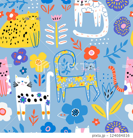 Seamless childish pattern with floral cute hand drawn cats. Creative pastel blue kids hand drawn texture for fabric, wrapping, textile, wallpaper, apparel. Vector illustration 124084816