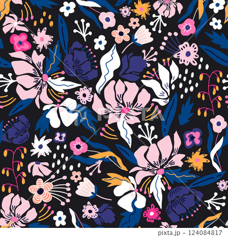 Seamless botanical pattern with abstract flowers and leaves. Modern floral background. Vector texture for fabric, wallpapers, apparel, textile 124084817