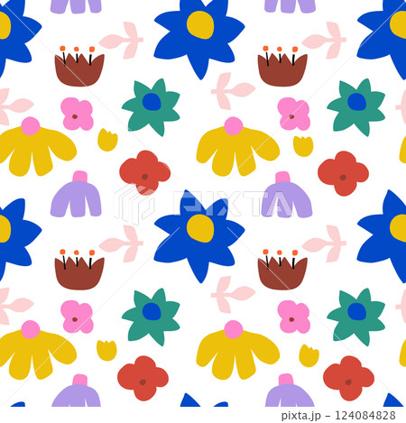 Seamless hand drawn floral pattern with abstract flowers. Botanical creative texture herbaria, design for fabric, apparel, digital papers. Vector background illustration 124084828