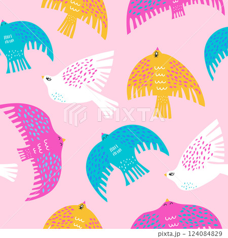 Seamless pattern with Scandinavian style bold colorful birds. Creative bird texture. Great for fabric, textile Vector Illustration Seamless pattern with Scandinavian style bold colorful birds. Creative bird texture. Great for fabric, textile Vector Illustration 124084829