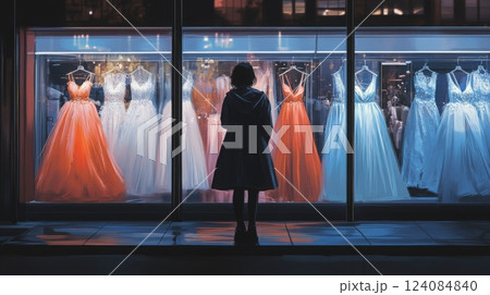 A person stands in front of a boutique window, gazing at beautifully designed evening gowns illuminated in soft light. 124084840