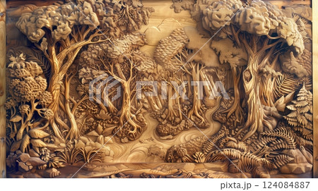 Detailed forest scenes are meticulously engraved on tongue and groove boards, showcasing craftsmanship. 124084887