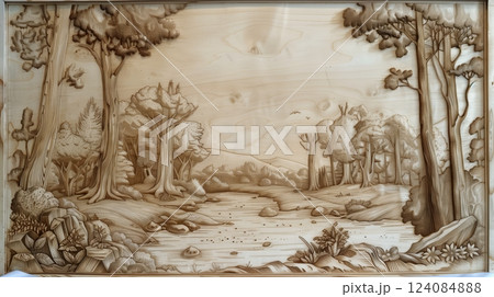 Engraved tongue-and-groove boards with a forest scene add a captivating, naturalistic touch to any space. 124084888