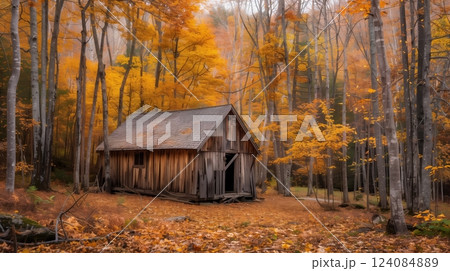 A cozy rustic hut of tongue-and-groove boards, nestled in an autumn forest amidst colorful leaves and fall scents. A cozy rustic hut of tongue-and-groove boards, nestled in an autumn forest amidst colorful leaves and fall scents. 124084889