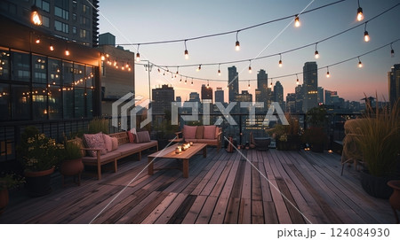 A city rooftop terrace with stylish wood flooring offers stunning skyline views and warm string lights. 124084930
