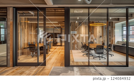 A modern office with smooth, reclaimed wood walls offers a natural, sophisticated look, boosting comfort. 124084932