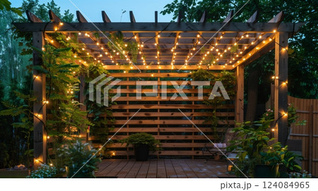 An elegant wooden pergola with climbing plants and fairy lights creates a magical, inviting atmosphere. 124084965