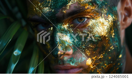A man with gold and green makeup looks intensely at the camera. The makeup is applied in a way that resembles a mosaic pattern. 124085001