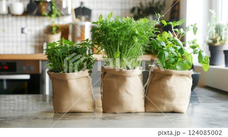 Three pots of fresh herbs, including basil, dill, and parsley, are sitting on a kitchen counter in burlap pots. The pots are neatly arranged in a row and the green plants are thriving. 124085002