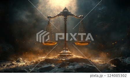 The artwork showcases a classic balance scale, representing justice, illuminated by soft golden light against a dark, atmospheric background filled with smoke. 124085302