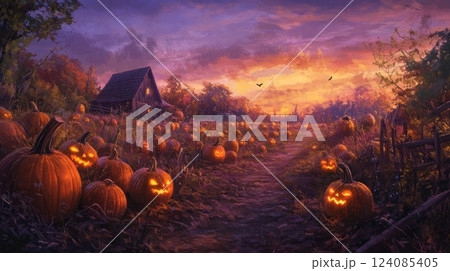 Glowing jack-o'-lanterns light up a field beside a rustic farmhouse as the sun sets, casting an enchanting orange and purple hue across the landscape. Birds can be seen flying in the distance. 124085405