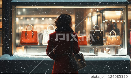 A woman dressed in a stylish red coat gazes at an array of luxury handbags displayed in a shop window. Snowflakes gently fall around her as the warm interior lights glow against the cold evening. 124085530