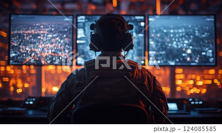 A military operator is seated in a command center, concentrating on several screens displaying vital data and images of a city at night. The room is illuminated with ambient orange light. A military operator is seated in a command center, concentrating on several screens displaying vital data and images of a city at night. The room is illuminated with ambient orange light. 124085585