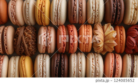 A vibrant display of macarons in various colors and flavors, showcasing intricate textures and designs, perfect for dessert lovers. 124085652