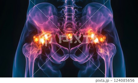 A digital rendering of the human hip bones, with the joints highlighted in red. The image is a medical illustration that depicts the location and appearance of inflamed joints. 124085656
