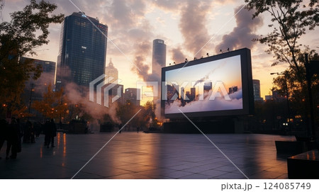 A large, rectangular screen displays a sunset over a city skyline with clouds. The screen is set up in an urban area with tall buildings and a street lit with street lamps 124085749