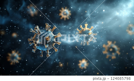Virus particles are depicted drifting through a cosmic environment, surrounded by shimmering elements 124085798