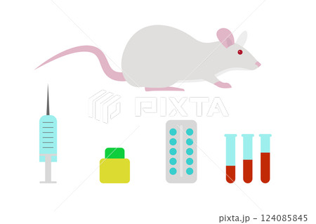 Laboratory mouse, medical experiments, syringe, pills and test tubes Laboratory mouse, medical experiments, syringe, pills and test tubes 124085845