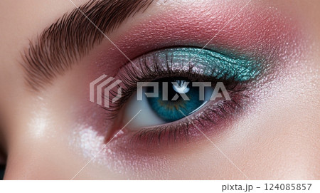 A close-up view showcases stunning eye makeup with shades of pink and green, emphasizing long eyelashes and striking blue eyes, perfect for a glamorous event or makeup showcase. 124085857