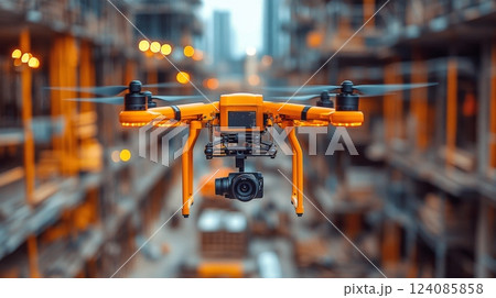 A bright orange drone is seen flying at a construction site, equipped with a camera, capturing images of the building progress in an urban area. 124085858