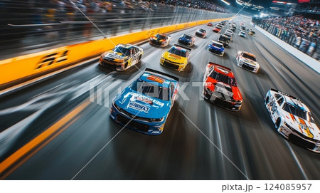High-speed NASCAR cars compete closely on the illuminated Daytona track under the night sky, creating an exciting atmosphere for fans. 124085957