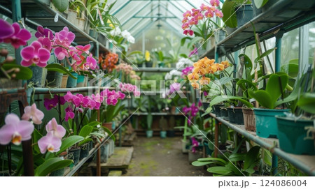A greenhouse displays vibrant orchids in various hues, arranged neatly on shelves, showcasing their beauty and intricate details. 124086004