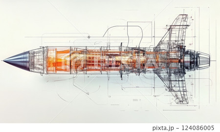 This technical drawing showcases a detailed blueprint of a rocket, revealing its complex structure and engine components. The design emphasizes precision engineering and innovation. 124086005