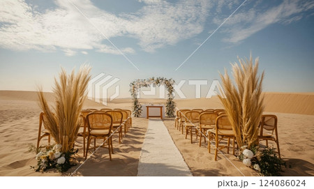 A beautiful wedding ceremony is arranged in the desert with chairs lined up along a sandy path leading to a floral arch, set against a stunning sunset sky. 124086024