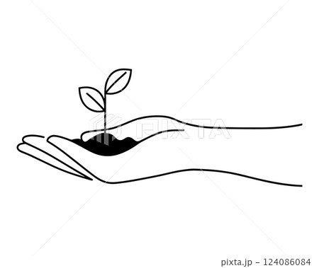 Plant sprout in the hand. hand of nature, cultivating growth and sustainability, Growth concept editable stroke outline icon isolated on transparent background flat vector illustration. 124086084