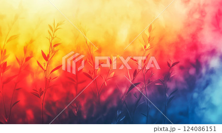 Vibrant foliage against a colorful backdrop at sunset creating a serene atmosphere in nature 124086151