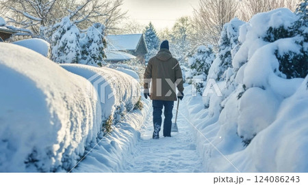 A lone figure dressed warmly walks along a snow-covered path, surrounded by thick snow-laden hedges in a residential area under bright morning light. 124086243