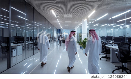 A group of three men in traditional attire are walking through a sleek, contemporary office with glass partitions. The bright lighting and spacious layout emphasize a professional atmosphere. 124086244