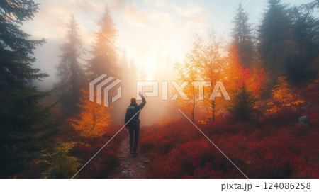 A lone figure walks along a winding path through a mystical forest filled with vibrant autumn colors. The early morning fog gently envelops the scene, creating a serene and tranquil atmosphere. A lone figure walks along a winding path through a mystical forest filled with vibrant autumn colors. The early morning fog gently envelops the scene, creating a serene and tranquil atmosphere. 124086258