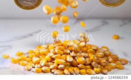 macro shot of scattered corn on white marble table and coins falling from above macro shot of scattered corn on white marble table and coins falling from above 124086259