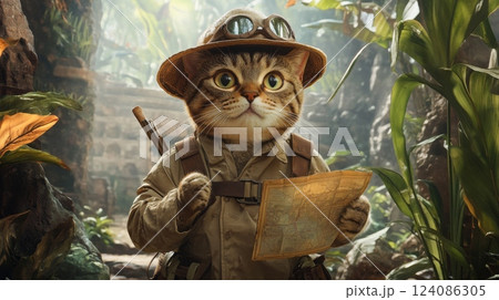 A cat wearing a safari hat, goggles, and a backpack is standing in a dense jungle. The cat is looking at a map and appears to be navigating the jungle. There are large green leaves in the background. A cat wearing a safari hat, goggles, and a backpack is standing in a dense jungle. The cat is looking at a map and appears to be navigating the jungle. There are large green leaves in the background. 124086305