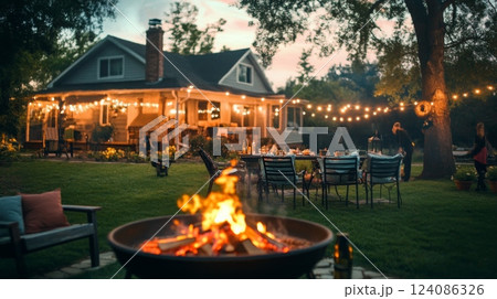 Friends and family enjoy a warm gathering in a beautifully lit backyard, centered around a fire pit as dusk settles in. 124086326
