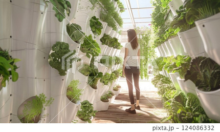 A woman walks through a modern, vertical garden with lush greenery growing in white planters. 124086332