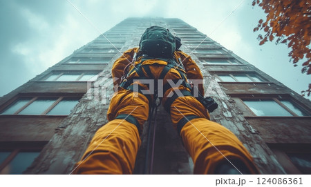 A worker clad in bright safety gear ascends a tall building, securing ropes and equipment while fog envelops the cityscape. The scene captures the dedication to maintenance amidst challenging weather. 124086361