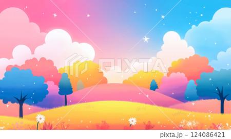 Colorful landscape with vibrant trees and whimsical clouds under a pastel sky 124086421