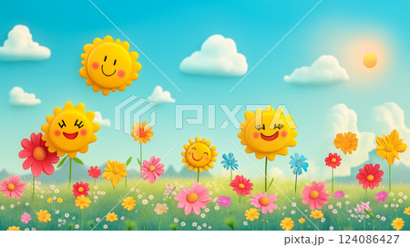 Bright and cheerful sunflowers smile in a vibrant meadow 124086427