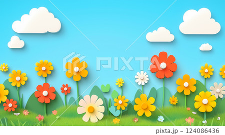Colorful paper flowers against a bright blue sky with fluffy clouds creating a cheerful landscape for all ages 124086436