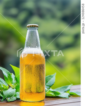 A chilled glass beer bottle resting on a wooden table, surrounded by fresh green leaves. Dew drops are visible on the bottle, evoking a sense of refreshment and natural outdoor vibes. 124086458