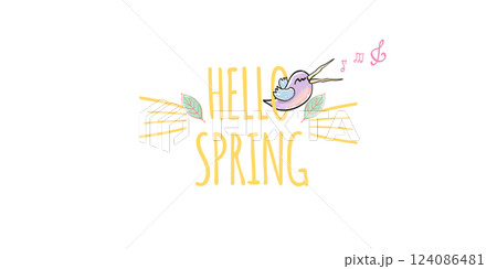 Hello spring label with spring birds and flowers isolated on white transparent background. Hello spring simple cut paper style sticker, label, icon illustration design template 124086481