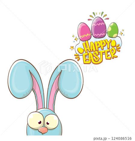 Easter bunny with calligraphic text happy easter isolated on white background. Vector cartoon Happy Easter greeting card and banner with blue rabbits ears 124086516