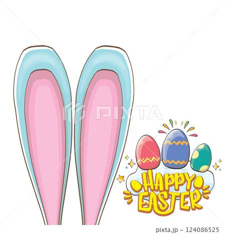 Easter bunny with calligraphic text happy easter isolated on white background. Vector cartoon Happy Easter greeting card and banner with blue rabbits ears Easter bunny with calligraphic text happy easter isolated on white background. Vector cartoon Happy Easter greeting card and banner with blue rabbits ears 124086525