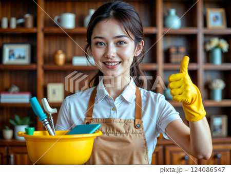 A woman in a yellow apron is holding a yellow bucket and thumbs up 124086547