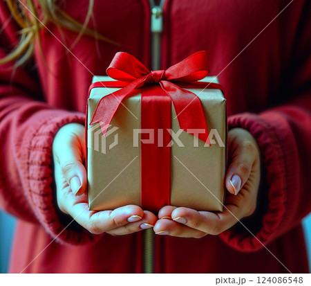 A woman is holding a brown box with a red ribbon tied around it 124086548