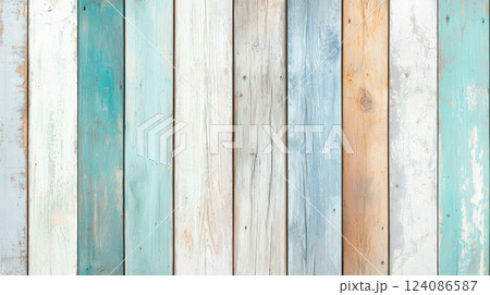 Weathered wooden planks in pastel blue, white, and beige tones arranged vertically, creating a rustic and vintage background for interior and design projects. Weathered wooden planks in pastel blue, white, and beige tones arranged vertically, creating a rustic and vintage background for interior and design projects. 124086587