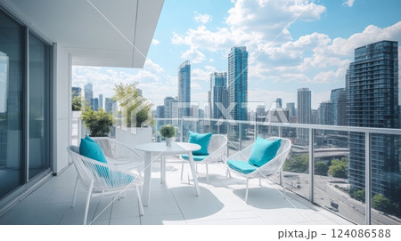 The balcony features stylish white furniture with turquoise cushions, providing a relaxing space to enjoy panoramic views of a bustling cityscape under clear blue skies. 124086588